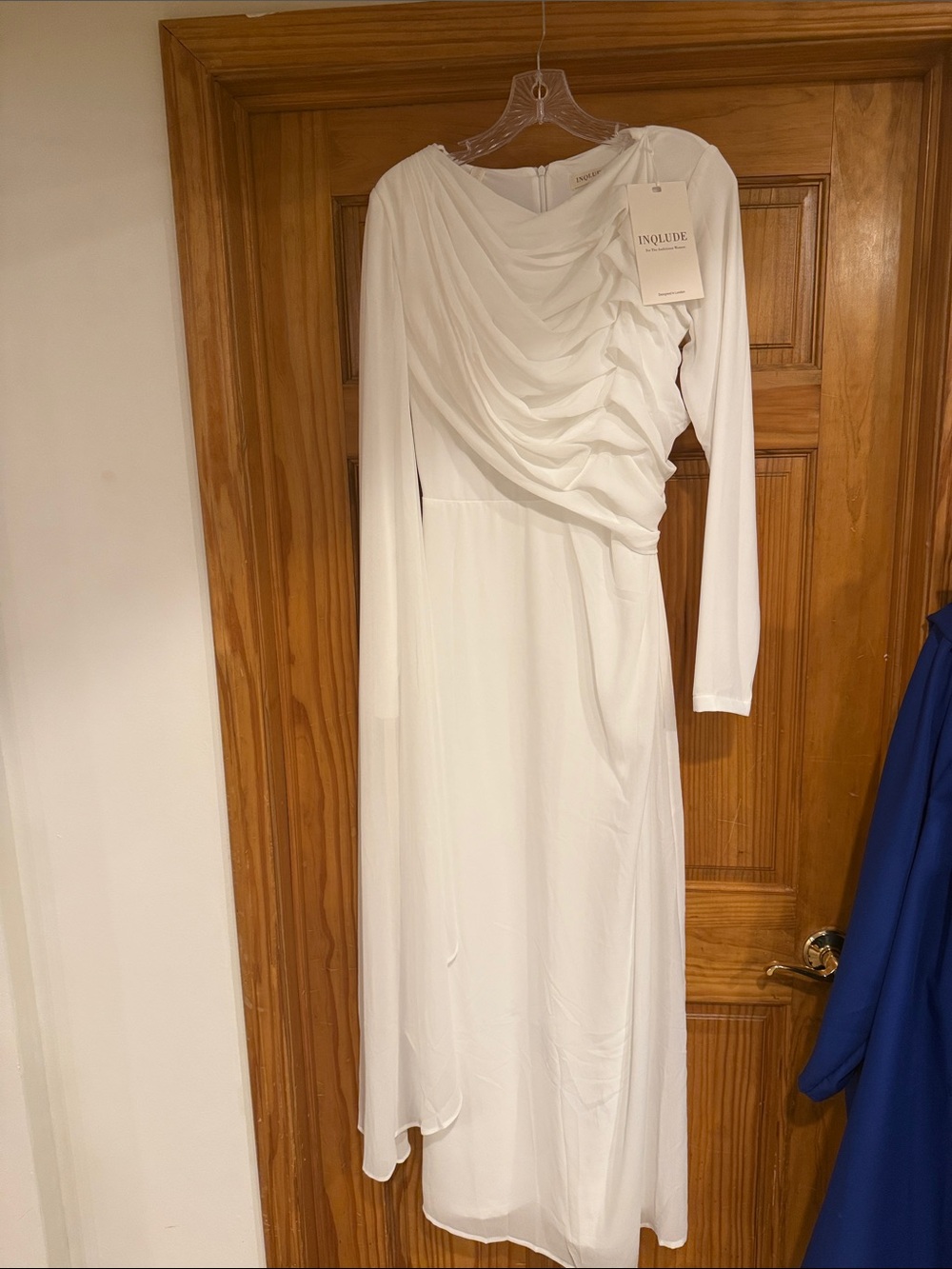 Elegant White Draped Long-Sleeve Maxi Dress